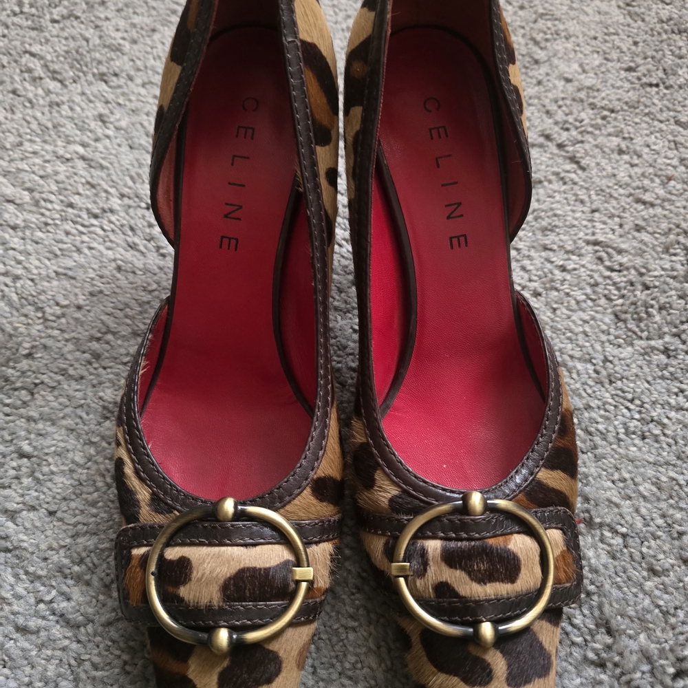 Celine Animal Print Heels with Brass Buckle